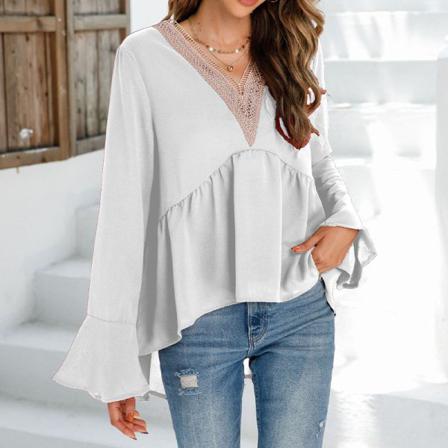 Kvinnor V-hals Hög Låg Fåll T-shirt Volang Enfärgad Chiffong Toppar