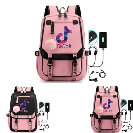 TIK-TOK Backpack waterproof school bag with USB Headphone socket Pink
