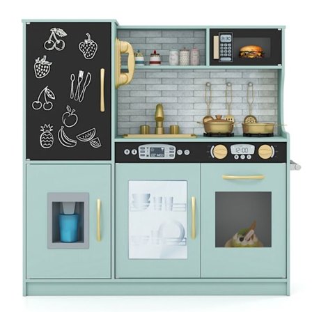 Køkken Børn COSTWAY 3 - 6 År i Træ med Telefon, Tavle, Mikroovn, Ismaskine, 7 Tilbehør Grøn