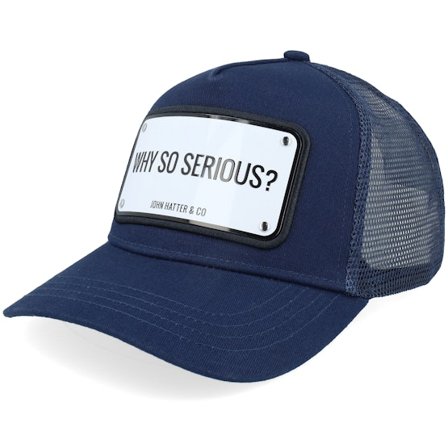 John Hatter & Co - Blu trucker Cappellino - Why So Serious? Aluminium Plate Navy Blue A-Frame Trucker @ Hatstore