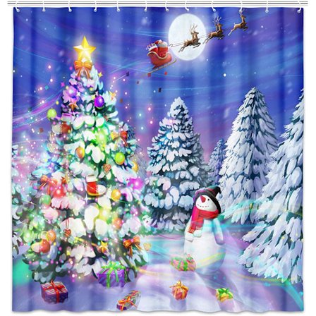 Jul Duschdraperi, Julgran Vinter Snögubbe Tyg Duschdraperier, Tomte Ren Badrumsdraperi med Krokar 180 cm B x 180 cm L