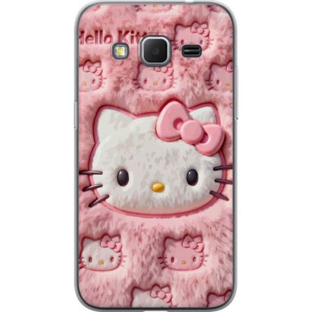 Kompatibelt Mobildeksel til Samsung Galaxy Core Prime Hello Kitty rosa fluffy bakgrunn med ikoniskt ansikt og kawaii-estetikk