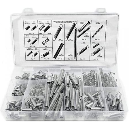 Sortiment af tryk- og trækfjedre, sortiment af metalfjedre i stål