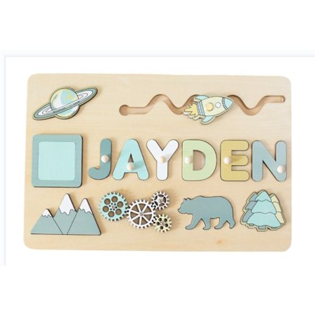 1-pak Børnenavne-puslespil, 1-års fødselsdagsgave til drenge og piger, træpuslespil med søm
