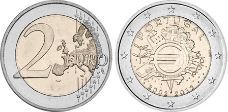 Portugal 2012 - 10 år for eurosedler og mønter - 2 euro mønt