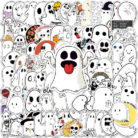 Halloween-klistermærker til børn, 100 stk. søde vinyl-klistermærker med spøgelser til vandflasker til bærbare computere, Halloween-dekorationer, hvid,