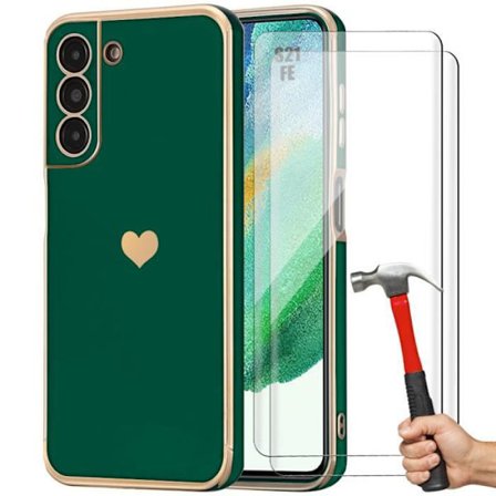 Skal för Samsung Galaxy S21 FE - Hjärtmotiv - Mörkgrön - Stötdämpande - 2 Härdade Glas