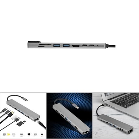 8-i-1 USB-C till Typ-C 3 USB 3.0 Hub Dock Station HDMI RJ45 Ethernet TF OTG Adapter