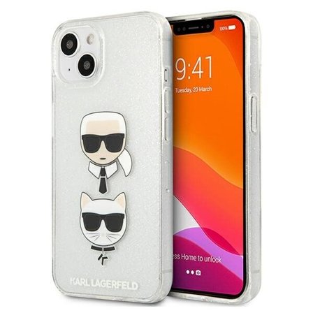 Karl Lagerfeld Glitter Karl's & Choupette Head tapauksessa iPhone 13 mini - hopea