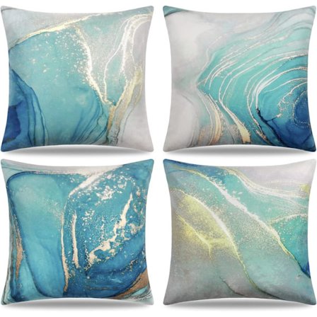 Putetrekk 45x45 cm Sett med 4 Marmor Tekstur Turkis & Gull Dekorativ