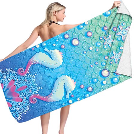 Søhest Strandhåndklæde - 28” x 59” Søhest Polyester Campinghåndklæder til Børn Hurtigtørrende Ultra Absorberende Super Blødt Strandtæppe