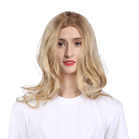 Motefullt langt krøllete parykk i syntetisk blonde foran for cosplay-fest