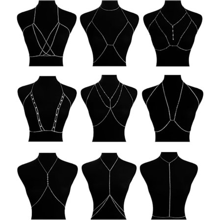 9 stk. kropskæde til kvinder y Bikini BH-kæde halskæde mave taljekæde til sommerstrand justerbar længde sølvfarvet