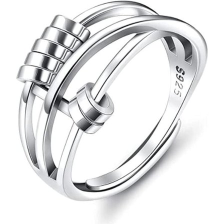 Silver Ring med Pärla Fidget Peace Ring Anti-Stress Spinner Öppen Ring Justerbar Ring för Kvinnor och Flickor