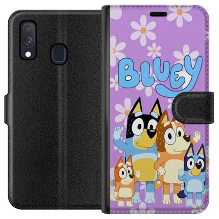 Yhteensopiva Lompakkokotelo Samsung Galaxy A40 Bluey-familjen i glad tecknad stil med blommig bakgrund och lekfull färgpalett