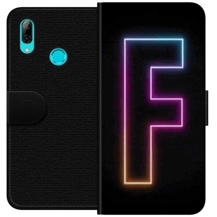 Yhteensopiva Lompakkokotelo Huawei Huawei P smart 2019 Neonkirjain F vaaleanpunaisella, sinisellä ja keltaisella valokehyksillä tummaa taustaa vaste