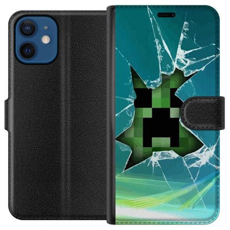 Kompatibel Tegnebogsetui til Apple iPhone 12 Minecraft Creeper gennem knust glas med dramatisk eksplosionseffekt, hvor den ikoniske Creeper bryder ige