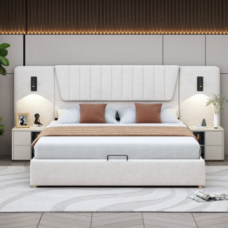 Säng 180x200 - med läslampa & USB | Hydraul. Förvaringsutrymme & sammetsöverdrag | Dubbelsäng med extra långt ryggstöd