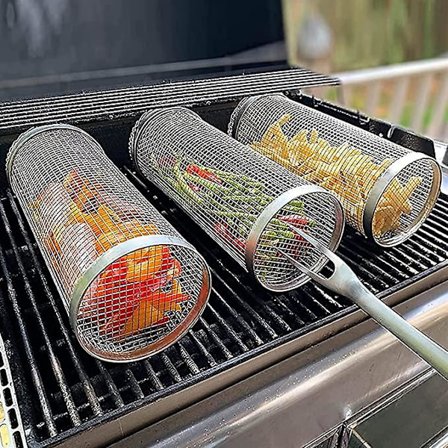 3-pack Rostfritt Stål Grillkorg Rullande Grillkorg, Rostfritt Stål Tråd Nät Cylindrisk Grillkorg, Rund Grill Matlagningstillbehör, Utomhus