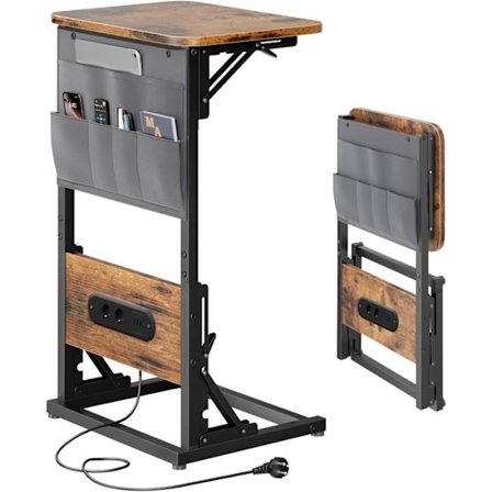 EcoFurnix C-formet Sidebord, Foldbart Sofa-bord med Stik og USB-porte, Til Soveværelse og Stue, Brun