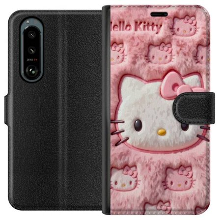 Kompatibel Tegnebogsetui til Sony Xperia 5 III Hello Kitty lyserød fluffy baggrund med ikonisk ansigt og kawaii-æstetik