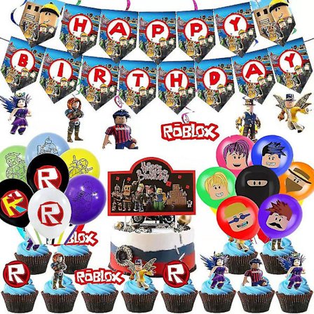 60 stk Roblox Festpynt Sæt Banner Balloner Kage Toppers Hvirvler