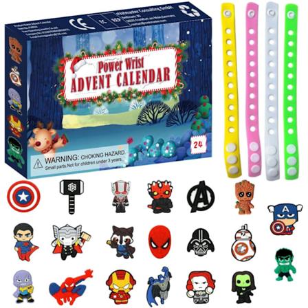 Julekalender Adventkalender 24 Dage Nedtælling Kalender Legetøj til Børn med 20 stk. Superheltefigurer Avengers, 4 stk. Silikonarmbånd