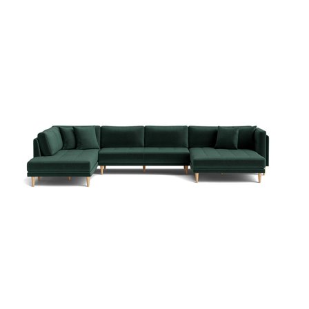 Cali U-sofa, Højrevendt, Riviera Grøn - Rummelig U-sofa med dobbelt chaiselong & 4 Puder - 374x220x76cm - Perfekt familiesofa
