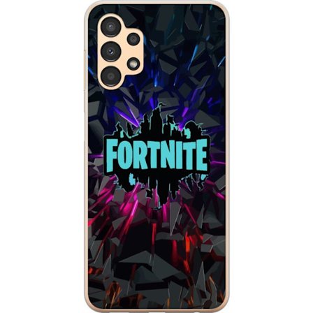 Yhteensopiva Puhelinkuori Samsung Galaxy A13 Fortnite-logo - Musta tausta, sininen neon ja värikkäät valot
