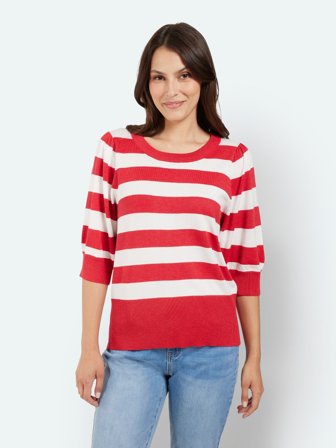 JENSEN - Kortærmet Strik - Rød/Hvid - Stribet