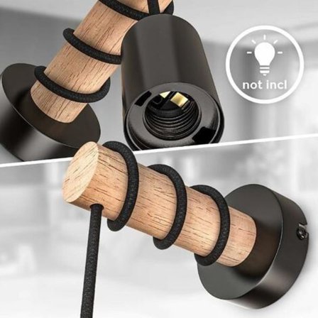 Væglampe, retro industrielt design, træ og metal, stue og soveværelsesbelysning, E27 fatning, sort,