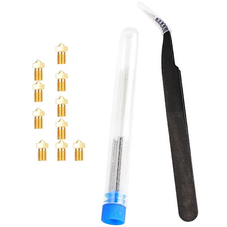 10 kpl messinkisuutinta 10 kpl 0,4 mm suuttimen puhdistusneula 1 kpl pinsetit 3D-tulostimelle