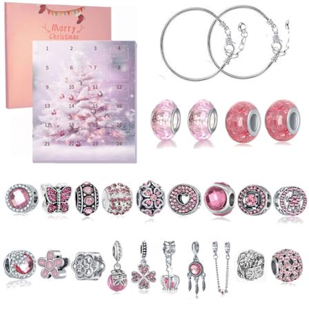 24 kpl joulukalenteri, DIY joulukorut setti 24 päivän laskuri riipus korut yllätysrasia joulukoristeet lapsille Pink