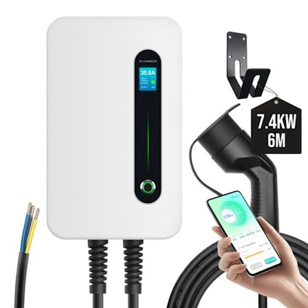 Morec APP 7kw 32A Enkeltfaset VE Wallbox Ladestation Bluetooth/Wifi forbindelse med Type 2 Hurtigopladningskabel, 6 meter, hvid