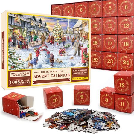 Juleadventskalenderpussel 1008 deler, 24 dagers adventskalender 2023 julepussel, julegave til barn
