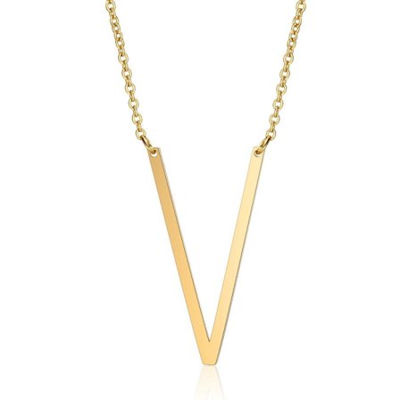 Damhalsband med sidoblocksformad första bokstav, rostfritt stål, engelskt bokstavshalsband, guld, V