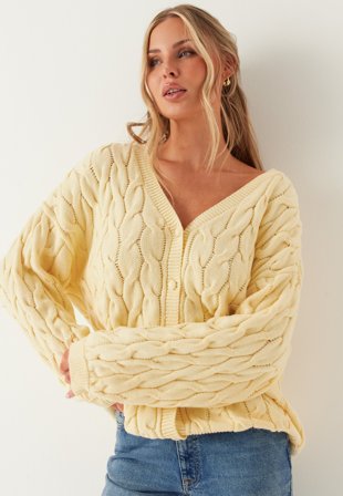 BUBBLEROOM - Cable Knit Cardigan - Light yellow