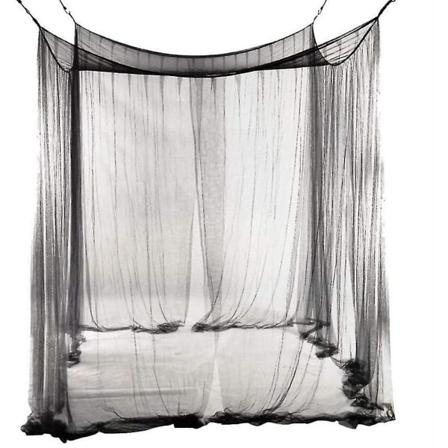 Myggnett for dobbeltseng, rektangulært ensfarget med 4 åpninger, enkel installasjon, polyester, svart, 190 cm X 210 cm X 240 cm