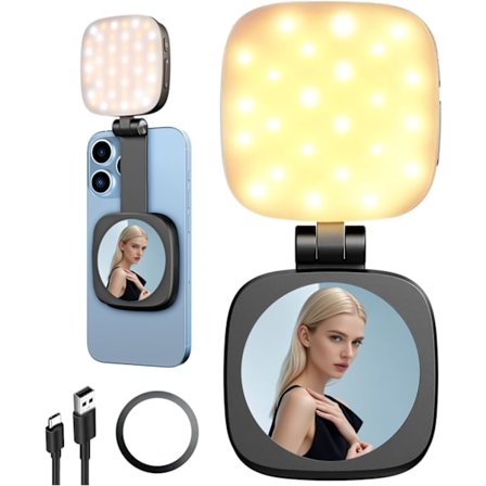 Magnetisk selfie-lampe for iPhone med speil, innfellbar, sammenleggbar, bærbar mini-ringlampe for telefon, dimbar LED-fylllys for V