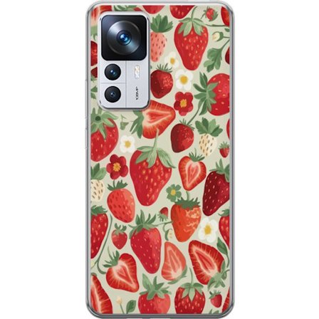 Kompatibel Mobilcover til Xiaomi 12T Dekorativt mønster med røde jordbær, grønne blade og små blomster