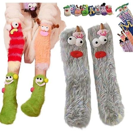 Varma mysiga fluffiga tecknade monsterstrumpor, Coral Velvet Tredimensionella Quirky Socks, Plysch Monsterstrumpor Julstrumpor 1 pair Gray