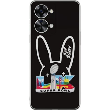 Kompatibel Mobilcover til OnePlus Nord 2T Bad Bunny portræt med åben skjorte, tatoveringer og krøllet hår i stilfuld modefotografering