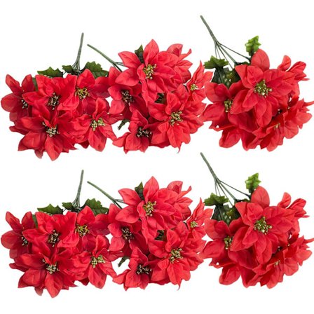 Kunstige Julestjerner, 4-pak 7 Hoveder Silkestof Jule Røde Julestjerner, Kunstig Julestjerne, 35cm/13.8in