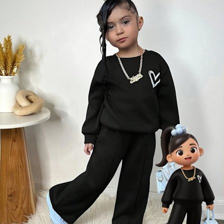 Todelt sett for alderen 2-7 år med hjerteprintet strikket genser med løse, nedhengende skuldre og vide joggebukser, for utendørs bruk