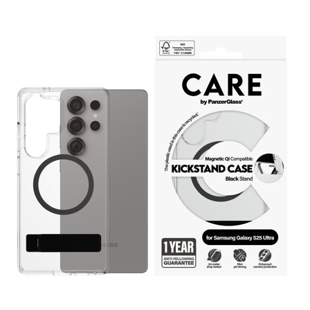 PanzerGlass CARE Galaxy S25 Ultra Kickstand Case deksel (gjennomsiktig/sort) Slankt, men sterkt, Qi-kompatibel, laget av resirkulerte materialer, med