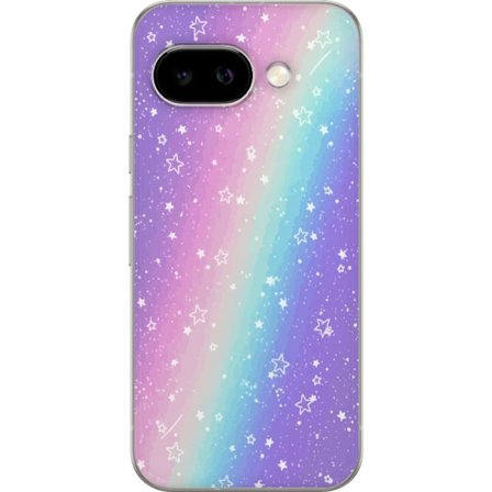 Kompatibelt Mobildeksel til Google Pixel 9a Rainbow-farget pastellbakgrunn med hvite stjerner og gnistrende prikker i myk overgang