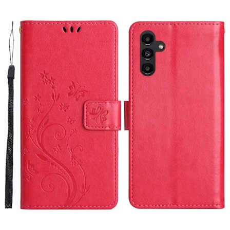 Samsung Galaxy S26 Plus Plånboksfodral Konstläder Fjäril Blommor - Röd
