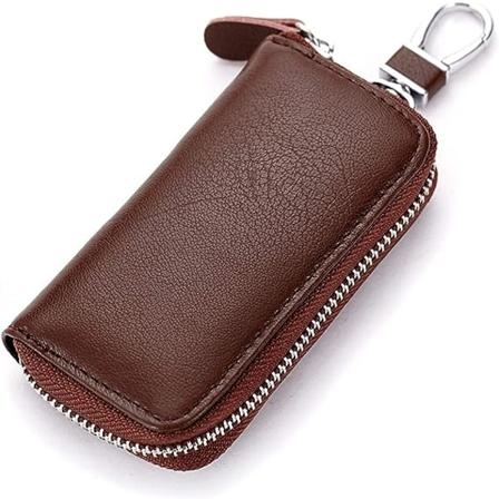 Galaxy-etui i ekte skinn med 2 kortlommer og 6 kroker og 1 tilgangskort, bilnøkkelveske (brun) Brun