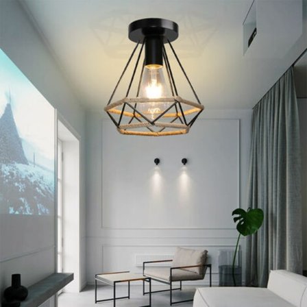 Retro Hamp Rebløft Lampe E27 Metal til Soveværelse Stue Loft Sort - Sort