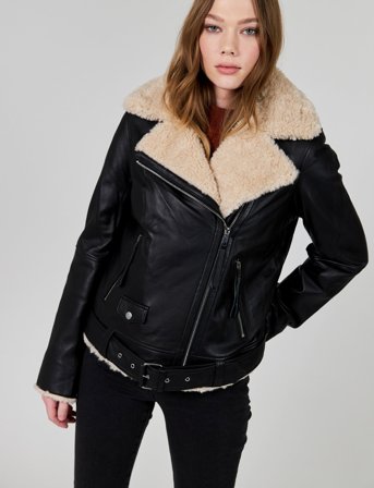 Jofama Bea Shearling Leather Biker - Black - 36